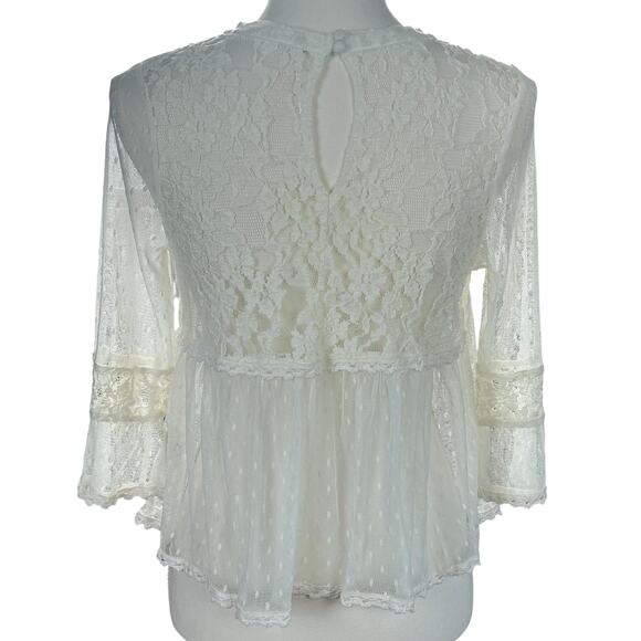 Free People Lace Top Women Sze Medium Ivory White Boho Romantic Sheer Dot Blouse - Picture 4 of 14